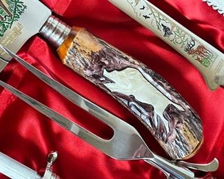 17pc Stag hand carved Anton Wingen Jr Othello German Carving Knife & Cutlery Set Dimensions: 2x18.25x10.25in HxWxD