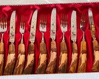 17pc Stag hand carved Anton Wingen Jr Othello German Carving Knife & Cutlery Set Dimensions: 2x18.25x10.25in HxWxD