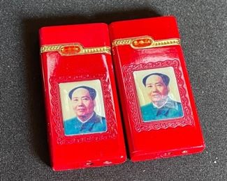 2pc Chinese Chairman Mao Zedong Butane Flip Top Lighter Red 3x1.5in
