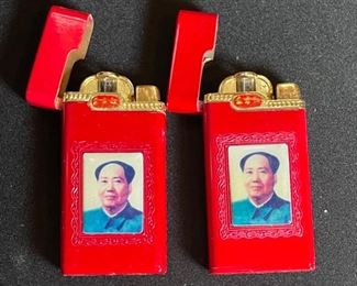 2pc Chinese Chairman Mao Zedong Butane Flip Top Lighter Red 3x1.5in
