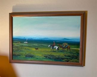 *Original* Art Camel Horse Dog Mongolia Acrylic Painting Frame: 18x25.75in