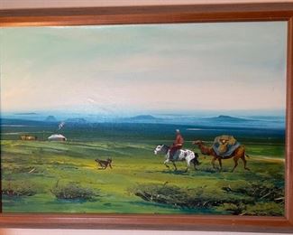 *Original* Art Camel Horse Dog Mongolia Acrylic Painting Frame: 18x25.75in