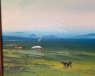 *Original* Art Camel Horse Dog Mongolia Acrylic Painting Frame: 18x25.75in