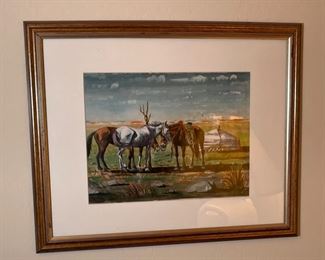 *Original* Art Camel Horses Dog Watercolor Painting Frame: 18x22in