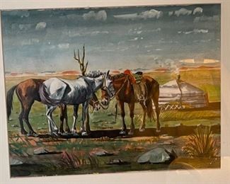 *Original* Art Camel Horses Dog Watercolor Painting Frame: 18x22in