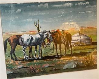 *Original* Art Camel Horses Dog Watercolor Painting Frame: 18x22in