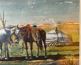 *Original* Art Camel Horses Dog Watercolor Painting Frame: 18x22in