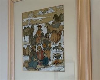 *Original* Art Mongolian Camp fire Painting on Fabric Frame: 24x20.75in