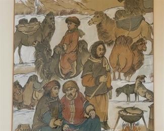 *Original* Art Mongolian Camp fire Painting on Fabric Frame: 24x20.75in