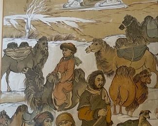 *Original* Art Mongolian Camp fire Painting on Fabric Frame: 24x20.75in