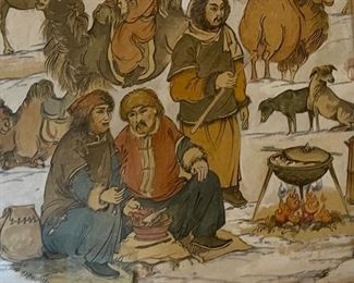 *Original* Art Mongolian Camp fire Painting on Fabric Frame: 24x20.75in