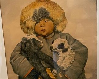 *Original* Art Boy with Goats Watercolor Painting Frame: 22x17.5in