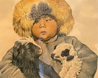 *Original* Art Boy with Goats Watercolor Painting Frame: 22x17.5in