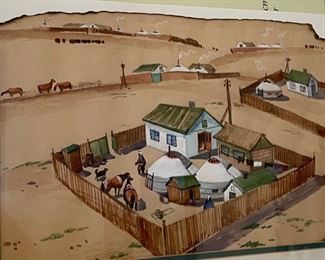 *Original* Art Village Watercolor Painting Frame: 18x21.5in