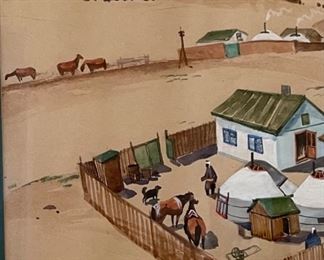 *Original* Art Village Watercolor Painting Frame: 18x21.5in