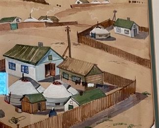 *Original* Art Village Watercolor Painting Frame: 18x21.5in