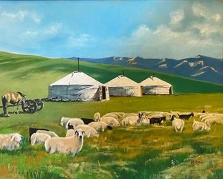 *Original* Art Batna Davaasambuu Goats on Mongolian Prairie D. Batna 19x23in