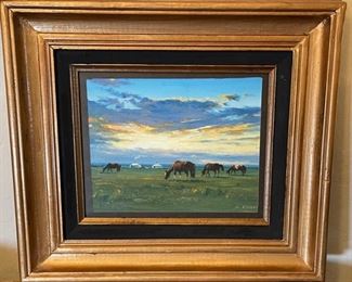 *Original* Art M Tsedv Horses on Mongolian Prairie 15.5x16.25in