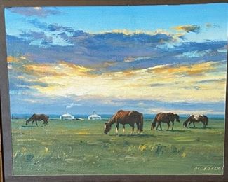 *Original* Art M Tsedv Horses on Mongolian Prairie 15.5x16.25in