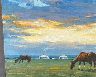 *Original* Art M Tsedv Horses on Mongolian Prairie 15.5x16.25in