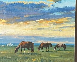 *Original* Art M Tsedv Horses on Mongolian Prairie 15.5x16.25in