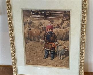 *Original* Art Little Boy with Goat Watercolor Frame: 22x18in