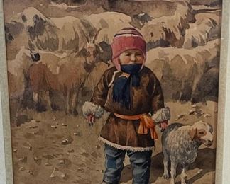 *Original* Art Little Boy with Goat Watercolor Frame: 22x18in