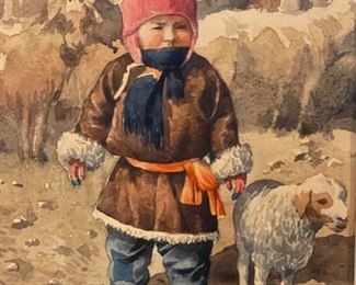 *Original* Art Little Boy with Goat Watercolor Frame: 22x18in