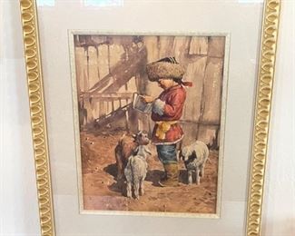 *Original* Art Little Boy with 3 Goats Watercolor Frame: 22x18in