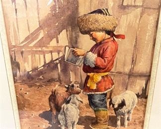 *Original* Art Little Boy with 3 Goats Watercolor Frame: 22x18in