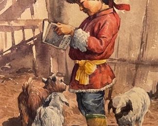 *Original* Art Little Boy with 3 Goats Watercolor Frame: 22x18in