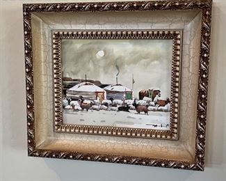 *Original* Art Mongolian Camp Acrylic painting Frame: 13.5x18.5in