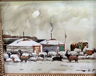 *Original* Art Mongolian Camp Acrylic painting Frame: 13.5x18.5in
