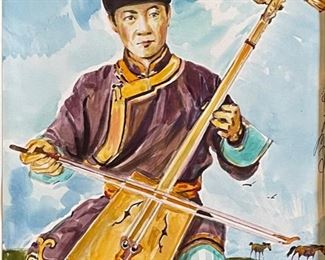 *Original* Art Morin Khuur Player Watercolor Balgansurengiin Natsagdorj Frame: 16x14in