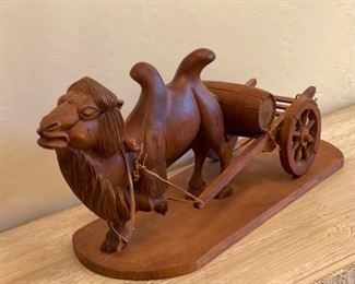 Hand Carved Wood Camel Pulling Cart 8 x 18 x 6 HxWxD