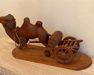 Hand Carved Wood Camel Pulling Cart 8 x 18 x 6 HxWxD