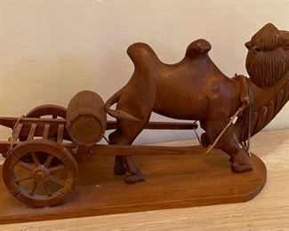Hand Carved Wood Camel Pulling Cart 8 x 18 x 6 HxWxD