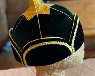 Mongolian Traditional Hat green Gold Headdress #7 Sz L 9x7.5x8in HxWxD