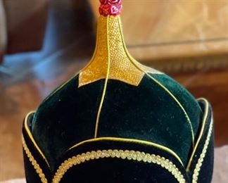 Mongolian Traditional Hat green Gold Headdress #7 Sz L 9x7.5x8in HxWxD