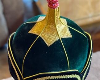 Mongolian Traditional Hat green Gold Headdress #7 Sz L 9x7.5x8in HxWxD