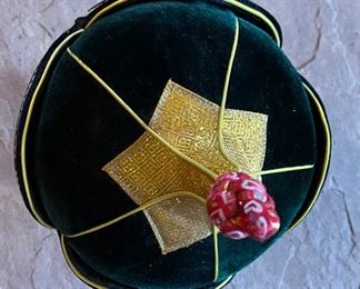 Mongolian Traditional Hat green Gold Headdress #7 Sz L 9x7.5x8in HxWxD