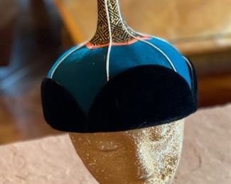 Mongolian Traditional Hat Black/Teal/Silver Headdress #10 9x7.5x7.5in HxWxD