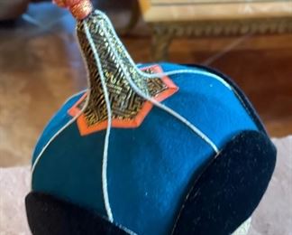 Mongolian Traditional Hat Black/Teal/Silver Headdress #10 9x7.5x7.5in HxWxD