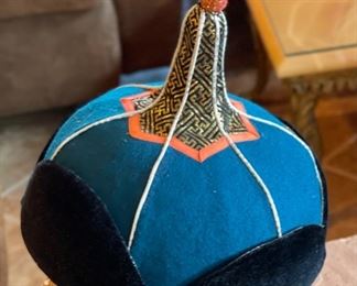 Mongolian Traditional Hat Black/Teal/Silver Headdress #10 9x7.5x7.5in HxWxD