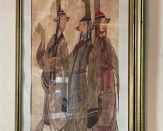 *Original* Art Mongolian 3 Women Watercolor Painting Frame: 17x14in