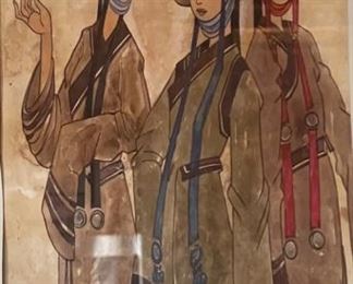*Original* Art Mongolian 3 Women Watercolor Painting Frame: 17x14in