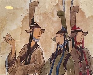 *Original* Art Mongolian 3 Women Watercolor Painting Frame: 17x14in