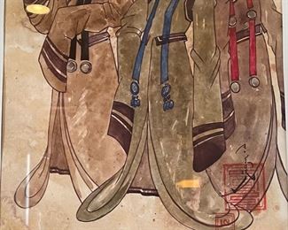 *Original* Art Mongolian 3 Women Watercolor Painting Frame: 17x14in