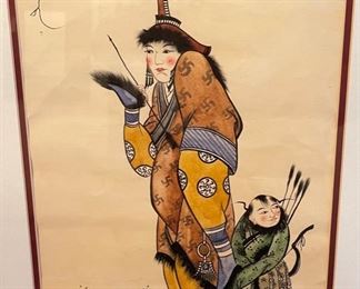 *Original* Art Mongolian Woman and Hunter Painting Frame:22x18in