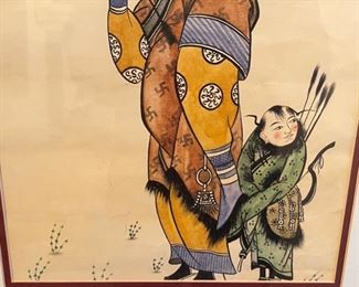 *Original* Art Mongolian Woman and Hunter Painting Frame:22x18in
